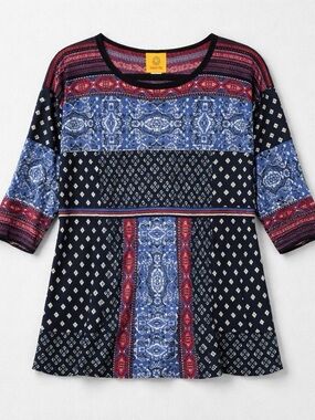 Ruby Rd. Navy Blue and Red Mixed-Print Long Sleeve Top